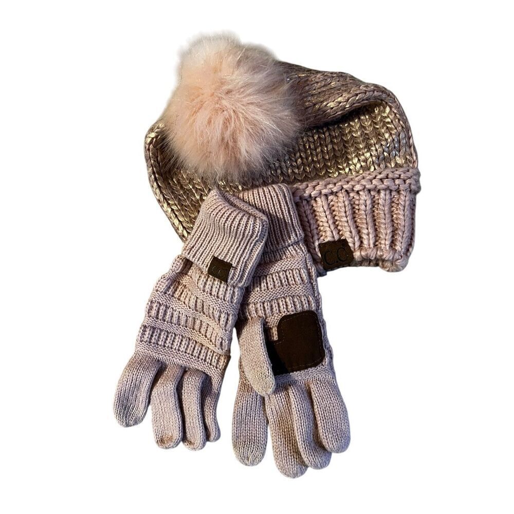 C. C. Exclusives Womens OS Knitted Tobaggan Pom Pom & Glove Set Pink Gold